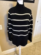 Anrabess Women’s Mock Turtleneck Tunic Sweater, Black And Cream, Large