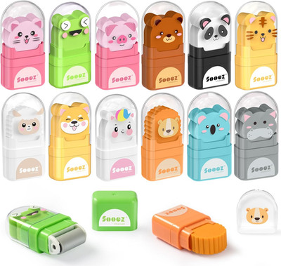 12 Pack Pencil Erasers, Cute Animal Eraser with Clean up Roller and Cover, Latex