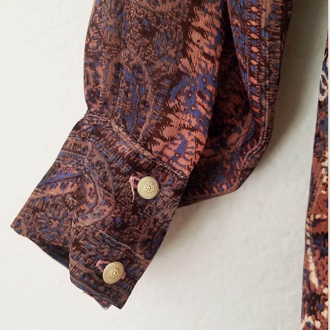 Zara Patchwork Shirt Blouse Top M Oversized Paisley Boho Brown Semi Sheer Collar image 9