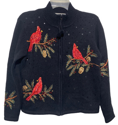 Vtg Heirloom Collectibles Cardigan Sweater Size PS Black Embroidered Cardinals