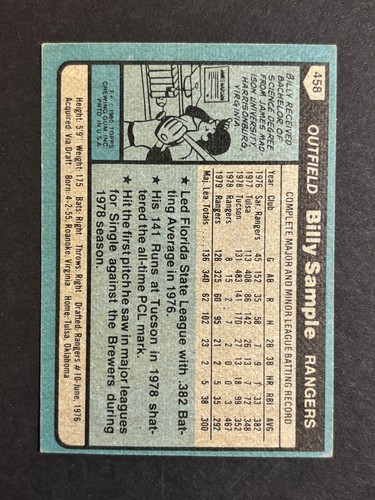 Billy Sample Rangers signiert 1980 Topps Baseballkarte #458 Autogramm - Bild 2 von 2