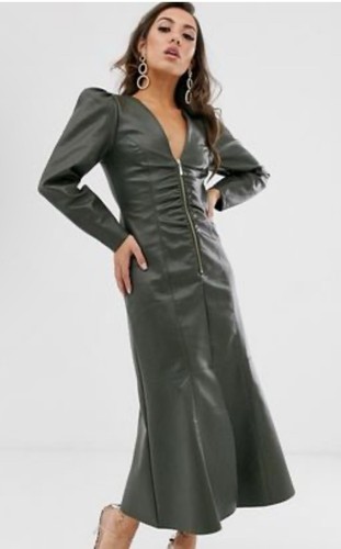 ASOS Design Green faux leather long Maxi dress size 80s style Zip size 6 NWT