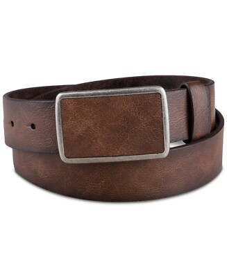 SUN + STONE Men's Bonded Leather Plaque Buckle Belt Brown PICK SIZE