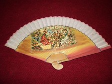 Vintage Hand-Painted Spanish Themed Hand Fan 8-7/8" Wooden Handle with Linen