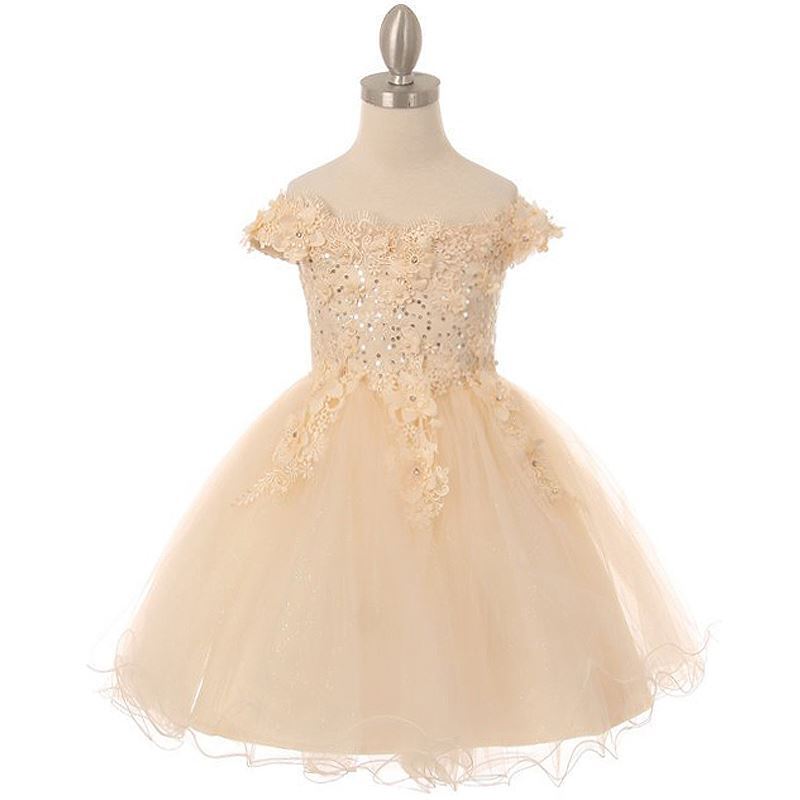 CHAMPAGNE Size 12 Mini Flower Girls Dress Party Prom Off-the-Shoulder  Birthday | eBay