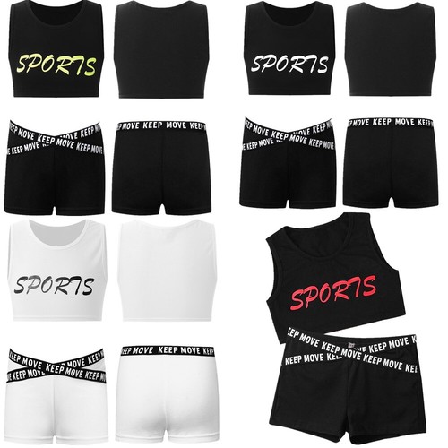 Kids Girl's Crop Top And Shorts Gymnastic Sports Suits Letter Print Workout - Picture 4 of 38