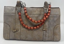 diana Broussard Designer Silvered Suede Leather Wood Bead Handled Hand Bag EUC