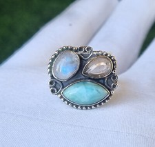Larimar  Moonstone Gemstone 925 Sterling Silver Handmade Gift Her Ring PG2821