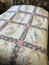 Vintage 1 Framed Ladies Fink Flowers on Blue Borders Quilt with 2 Pillow Cases