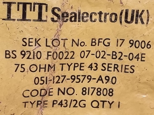 ITT Sealectro RF Coaxial 75Ω Type P43/2G Connector 817808 BFG 051-127-9579-A90 - Afbeelding 6 van 6