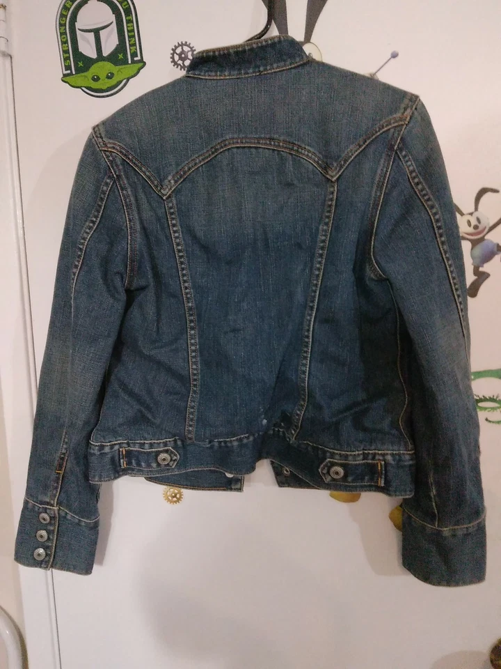 Small Juniors Gap Womens Blue Denim Jean Jacket Sweater Lined Orange Flake crop - Image 3 of 4