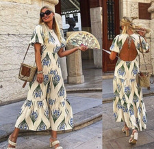 ZARA ECRU BLUE FLORAL PRINT PUFF SLEEVE MIDI SUMMER DRESS size S 10 3198/244