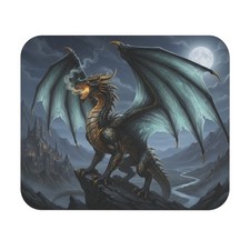 Dragon Illustration Mouse Pad Fantasy Nightscape, Castle, Full Moon