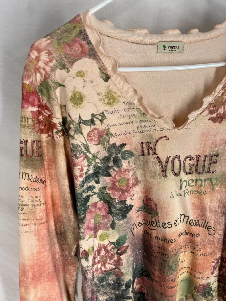 Camisa Vintage Cactus Rosa Estrás Jardín Gráfico Manga 3/4 Talla XL Y2K 90s Foto 3 de 4