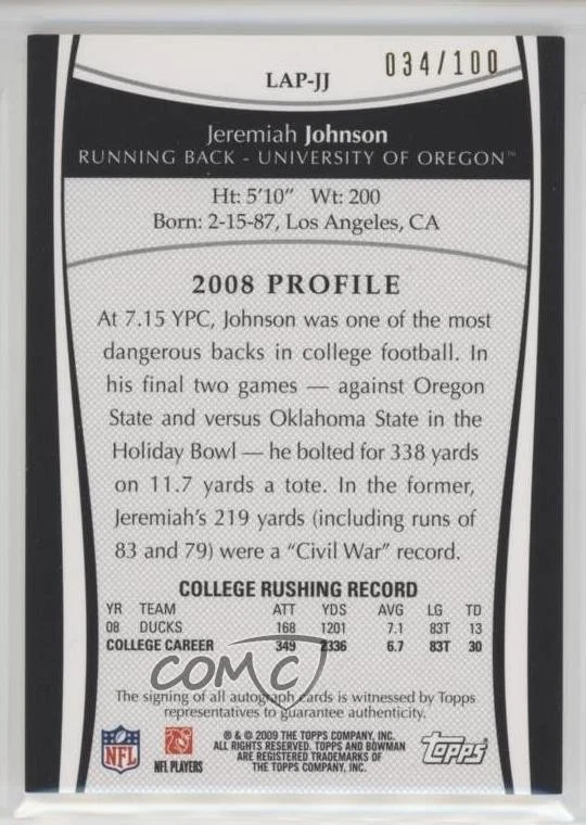 2009 Bowman Draft Picks College Letter Jeremiah Johnson RPA Rookie Patch Auto RC - Image 2 of 2