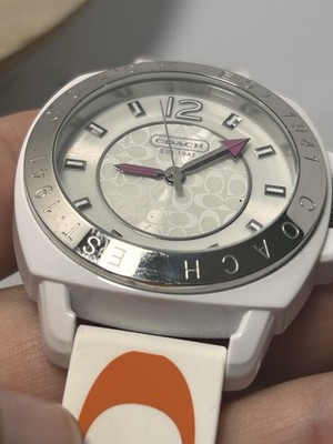 Coach White Waterproof Watch with Multicolor \'C\' Logo Strap Coach Watch Multicolored C On Rubber Watch Band. White  main image 2
