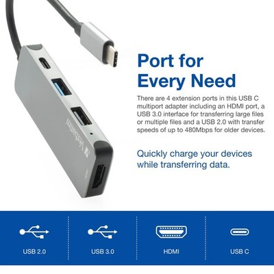 Verbatim Hub USB-C Adapter and Monster HDMI Cable 4k Ultra HD with Ethernet Cord