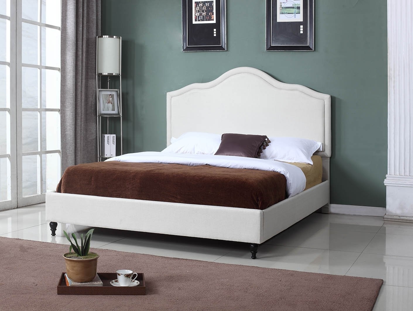 Home Life Cloth Light Beige Cream Linen 51" Tall Headboard Platform Bed with ...