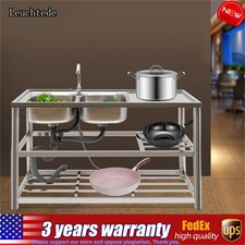 2 Compartment Commercial Kitchen Sink Prep Table with Faucet Set Stainless Steel