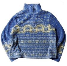 True vintage women’s zip up fleece mock neck, blue/cream with snowflake pattern