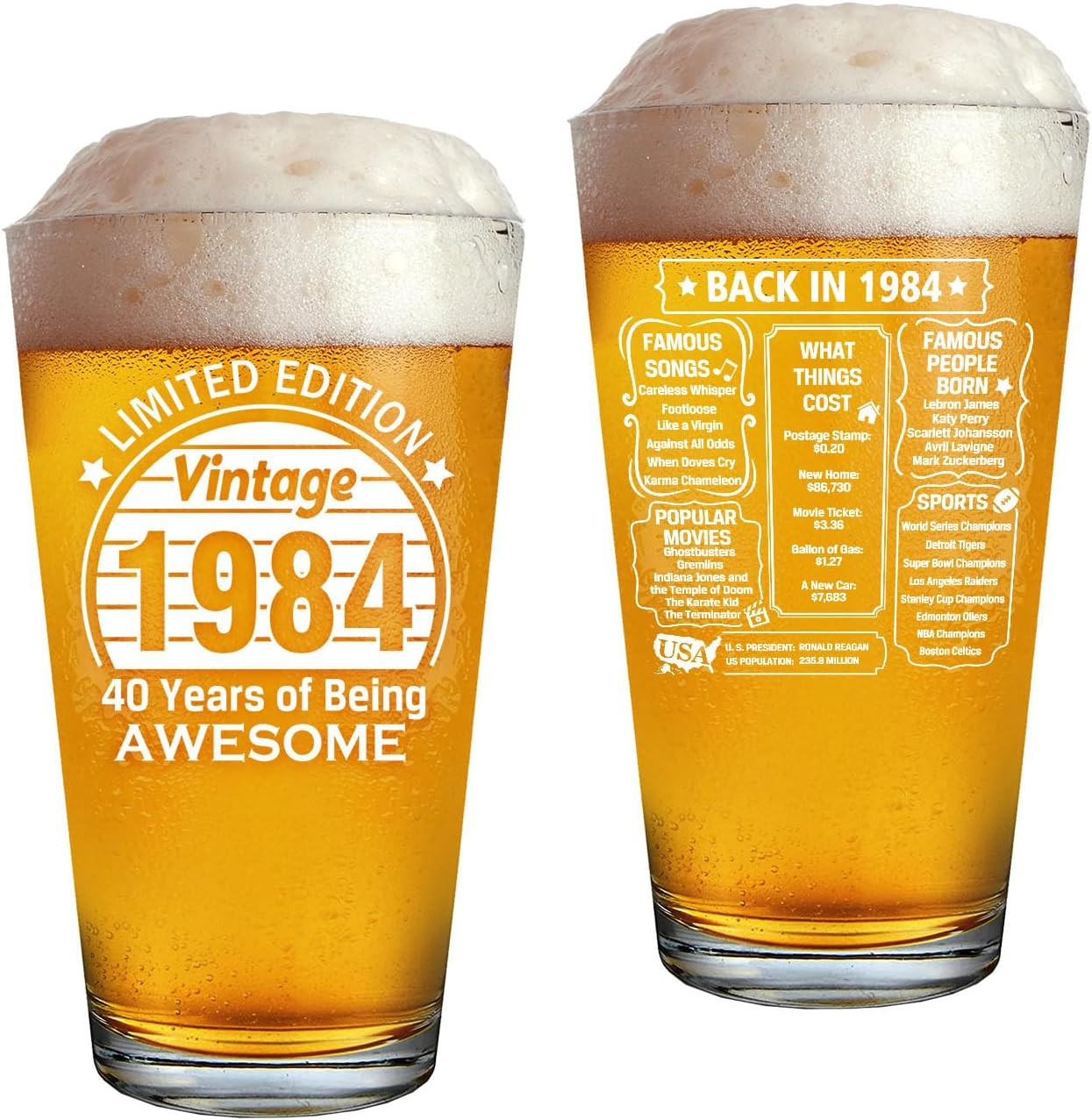 40th Birthday Gifts for Men Women Friends, Vintage 1984 Printed 16oz Beer Glass