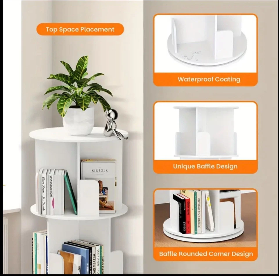 4-Tier Rotating Bookshelf Tower with 360° Spinning Shelves - White - Image 3 of 4