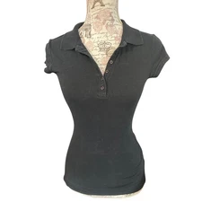 Y2K Wet Seal Chico Black Cotton Spandex Short Sleeve Polo Shirt Womens Size S