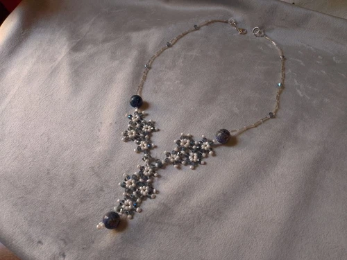 Collana Con Pietre Dure Lapislazzuli Semi Lunga In Cristallo Pattern A Fiori - Bild 4 von 11