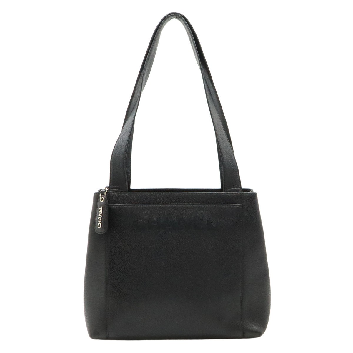 CHANEL Black Leather Tote Bag with Silver Hardware and Shoulder Strap