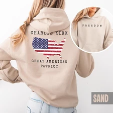 Great American Patriot Charlie Kirk Freedom SAND Hoodie Two Sided Turning Point