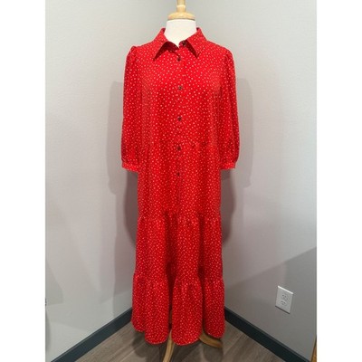 Levi's Red White Polka Dot Tiered Midi Dress Puff Sleeve Button Front Women's XL