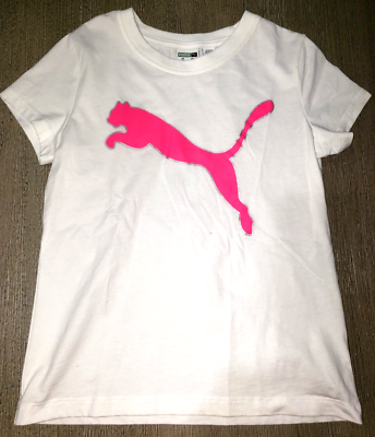 girls PUMA white TEE SHIRT TOP bold pink CAT size 7/8 CUTE CLEAN SAVE HERE  MOM! | eBay