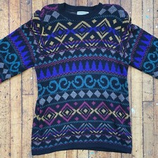 Vintage 80s Alfred Dunner Patterned Multicolored Medium Made In USA Sweater