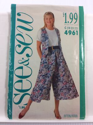 1990 See & Sew 4961 Vintage Sewing Patterns Women Vest Culottes Size C 1820 22