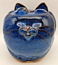 Fat Cat Art Pottery Coin Piggy Bank w.Stopper Blue Glaze Pink Nose Artist Signed