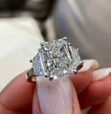 Moissanite 10x8mm Radiant Cut Three Stone Engagement Ring 14k White Gold Plated