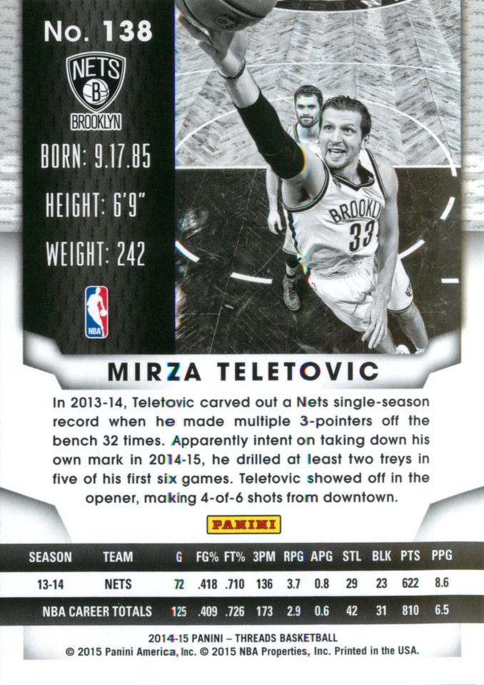 Mirza Teletovic 2014-15 Panini Threads Basketball Base Card #138 Brooklyn Nets - Image 2 of 2