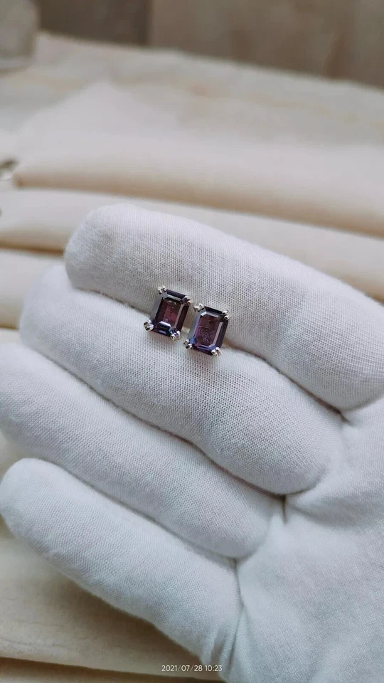 2.00 Ct Emerald Cut Lab-Created Alexandrite Stud Earrings 14K White Gold Plated - Image 4 of 4