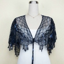 Sequin Women Retro Cape Sheer Lace Shrug Bolero Shawl Evening Prom Cardigan