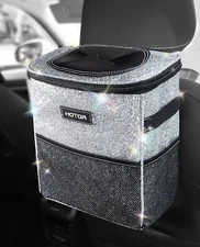 Car Trash Can w/ Lid and Storage Pockets 2 Gallons Sparkle Silver Hotor - A0138