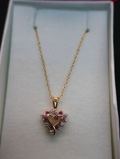 GOLD VERMEILED STERLING RED STONE  DIAMOND HEART PENDANT WITH CHAIN - SWEET