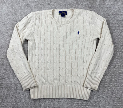 Polo Ralph Lauren Sweater Youth Small White Cable Knit Cotton Crewneck Preppy
