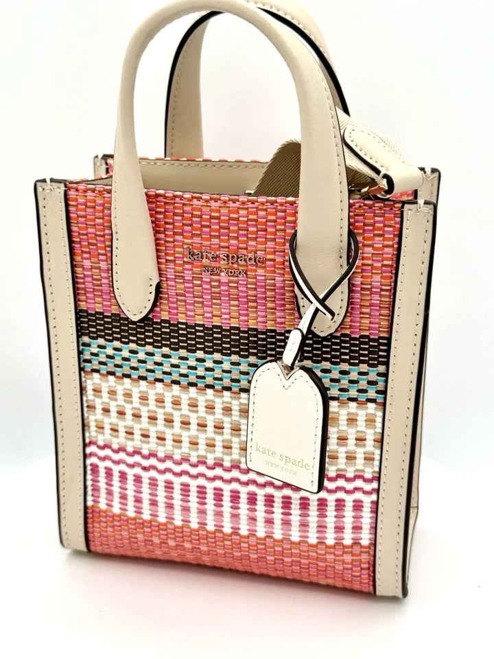 NWT Kate Spade Manhattan Woven Striped Plaid Mini Tote Light Pink Bag Purse - Image 3 of 4
