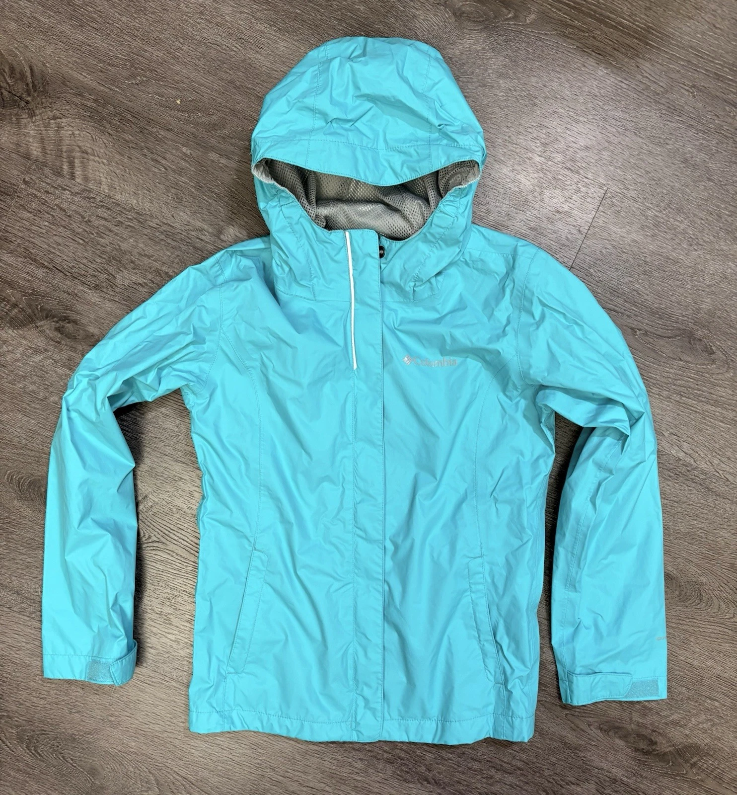 Columbia Arcadia Girls Med (10/12) Turquoise Nylon Full Zip Hooded Rain Jacket