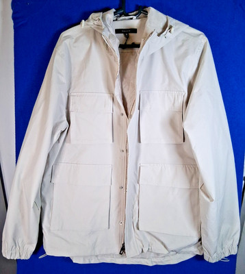 Tahari Hooded Utility Jacket Mens M Beige Lightweight Full Zip Cargo Parka Coat