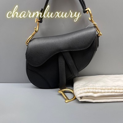 Auth Christian Dior Saddle Bag Black Grained Calfskin Shoulder Crossbody