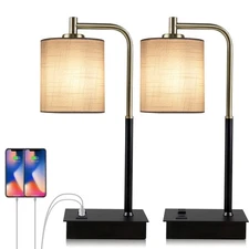 Table Lamp for Bedroom Set of 2 - 3-Way Dimmable Bedside Lamps with USB A+C P...
