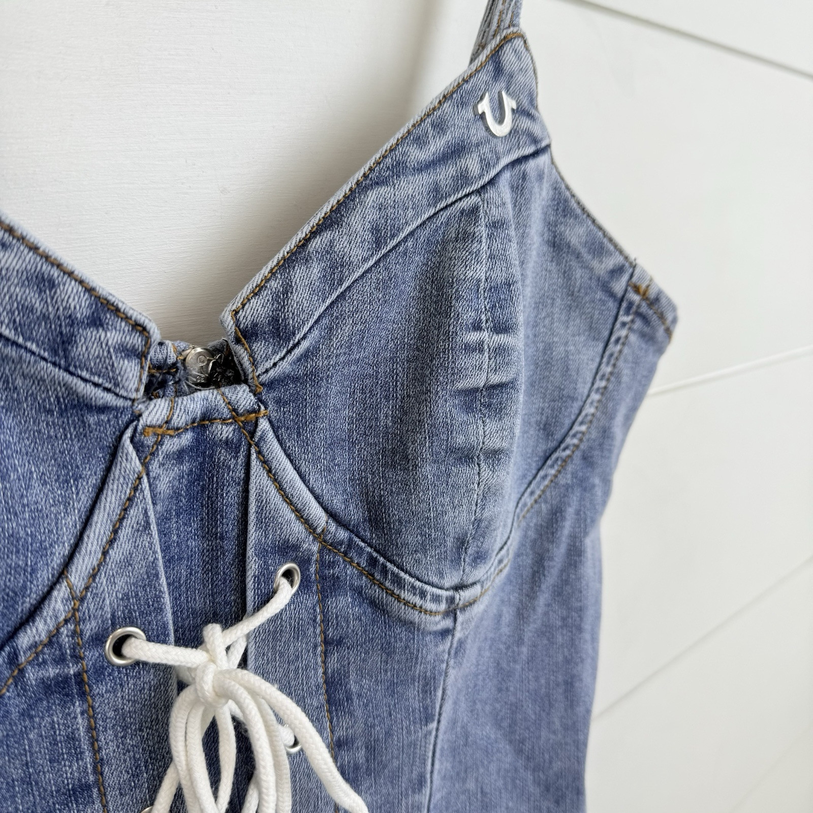 NEW TRUE RELIGION LACEUp Denim Mini Dress Timeless Light Wash WOMEN Large Corset thumbnail 4