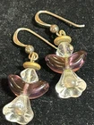 Vtg 925 Sterling Silver Glass Angel w Purple Wings & Halo Dangle Earrings