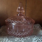 Pink Depression Glass-Indiana-Candy Dish Diamond  Princess Powder Box w Lid Vtg